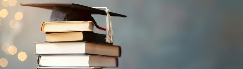 A stack of books topped with a graduation cap symbolizing education, knowledge, and academic achievement, against a blurred background.