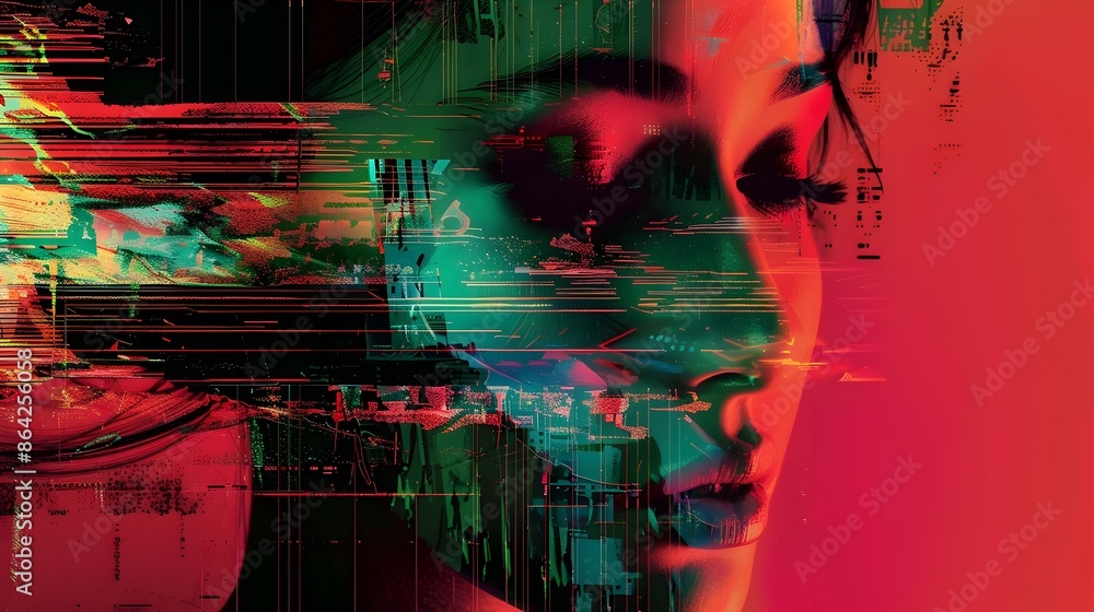 Poster futuristic abstract digital portrait with vibrant glitch patterns and visual innovation