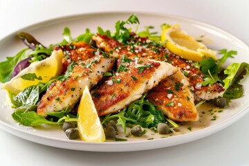 Catfish Piccata with Zesty Lemon Sauce and Fresh Salad Greens