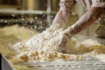 Fototapeta premium Worker holds rice grain to produce white flour in automatic mill