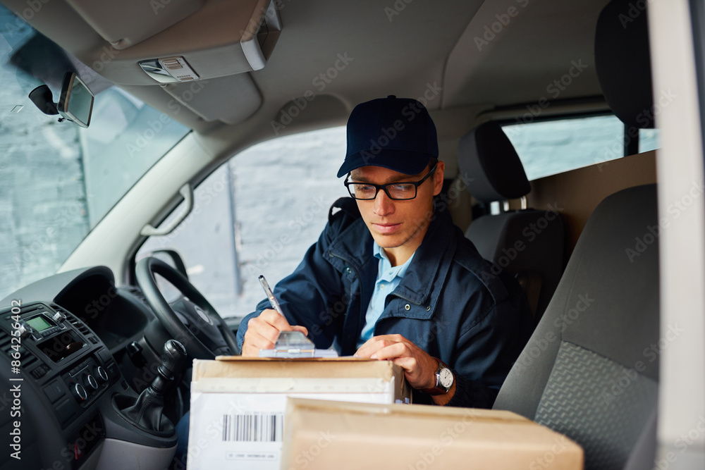 Poster courier, man and writing in van with checklist for address verification, shipping records and order 
