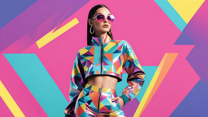Colorful pop art portrait of a fashionable woman in modern sunglasses and iridescent leather jacket. Mixed media colorful collage elements