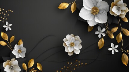 black background with white 3d flowers and golden leaves with copy space
