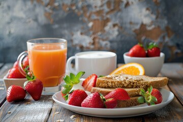 Copy space image of a nutritious breakfast featuring toast orange juice cereal milk yogurt and strawberries