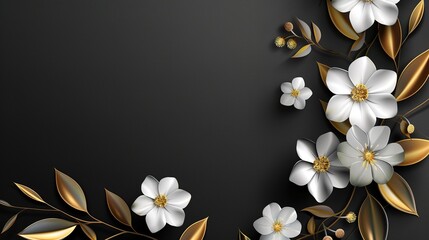 black background with white 3d flowers and golden leaves with copy space