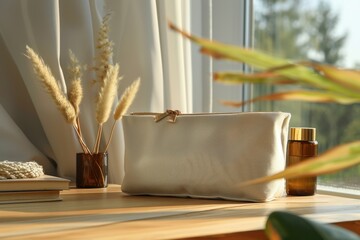 A cosmetic bag sits on a wooden table next to a vase of dried grass