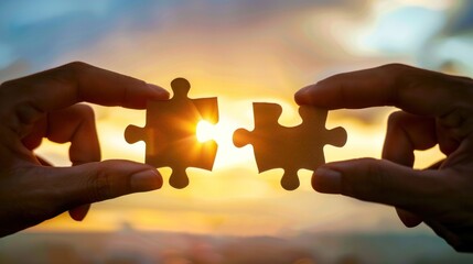 Concept of team work and cooperation with hands connecting blue jigsaw pieces. Unity. Cooperate.