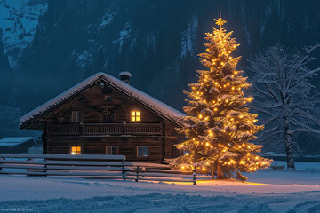 Snowy Winter Night with Christmas Tree and Lights in Switzerland