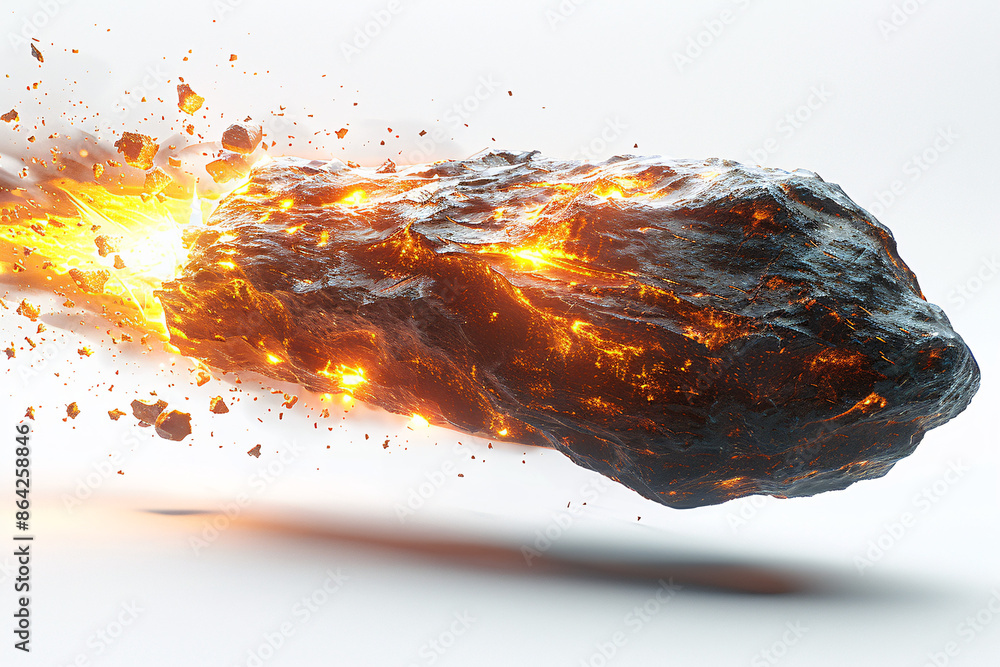 Poster a fiery meteorite hurtling through space, glowing with intense heat and surrounded by fiery debris, 