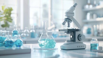 Lab room with microscope and props on white background, illuminated by subtle blue light, science and research concept, banner, copy space