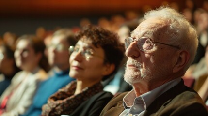 Elderly men and women listen intently during a business meeting in a seminar hall.