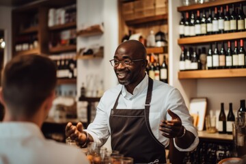 A friendly African bartender engaging with a customer in a cozy bar filled with bottles of wine, horizontal image. He is wearing a white shirt and dark apron, creating a warm and inviting atmosphere.
