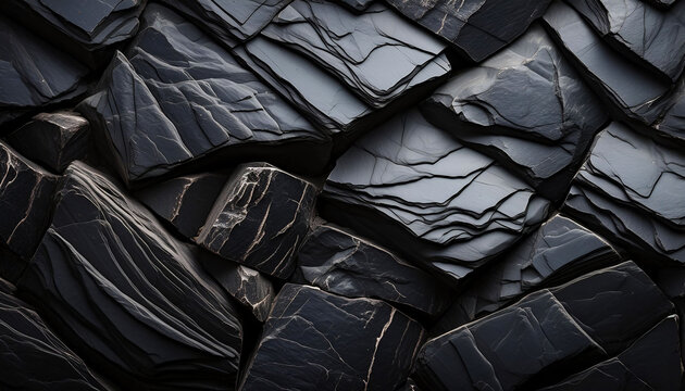 Abstract dark black angular stones rocks texture, sharp edges, shiny surfaces, tightly packed together, coal or shale, natural fractures and layers.