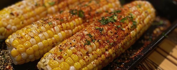 Close-up of grilled corn on the cob, seasoned with spices and herbs, showcasing a delicious and vibrant summer meal.