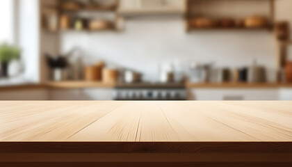 Empty wooden countertop with blurred background of modern kitchen, perfect for product display or food photography.