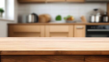 Empty wooden countertop with blurred modern kitchen background. Mockup for kitchenware, product display, or food photography.