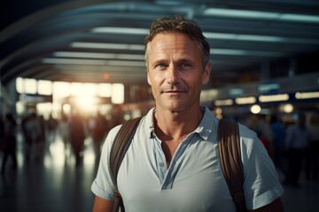 Fototapeta premium Portrait of a blissful man in his 50s wearing a sporty polo shirt while standing against busy airport terminal