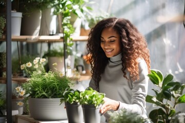 A young African woman with curly hair smiling while tending to a variety of potted plants and flowers in a bright indoor garden, horizontal image. The plants are lush and vibrant, creating a lively an
