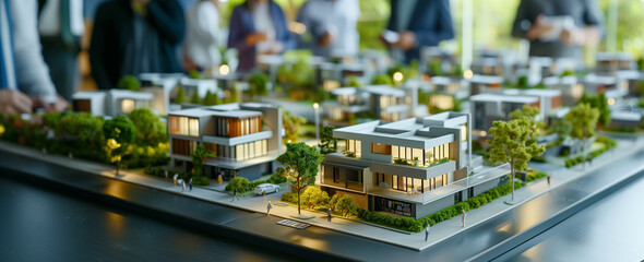 Beautiful eco-city plan miniature presentation with small houses, streets, cars, trees with architector team on background. Eco-city close-up photo. Architecture future city development concept image