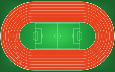 Running field and Soccer field in green grass stadium background. Top view of sport stadium. Vector illustration.

