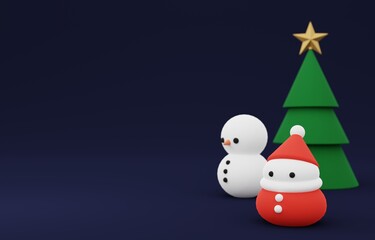 3D素材_クリスマスツリー_サンタ_雪だるま_夜