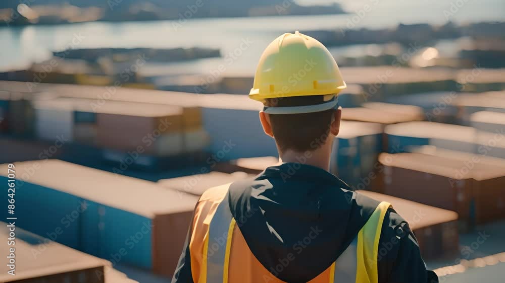 Poster worker looking over shipping containers at port generative ai