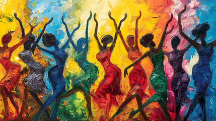 Vibrant abstract painting of dancing women colorful art celebration multicultural unity expression joyful movement creative design dynamic cultural representation