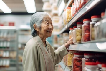 An elderly Asian woman in traditional attire browsing the aisles of a supermarket, surrounded by various packaged goods, horizontal image. She is smiling and appears to be enjoying her shopping experi