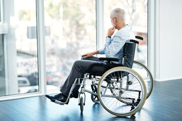 Man, wheelchair and thinking by window for memories, ideas and arthritis in rehabilitation. Paralysed, healthcare and male person in in nursing home, decision and mental health for cancer patient