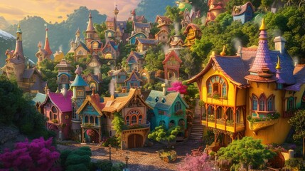 Fototapeta premium Wonderland City with Quirky Buildings and Magical Creatures