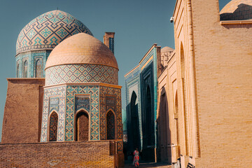 Morning scene inside the Shahi Zinda Ensemble in Samarkand, Uzbekistan