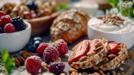 Close-Up of Nutritious Food Spread with Whole Grain Bread, Fresh Berries, Nuts, and Yogurt

