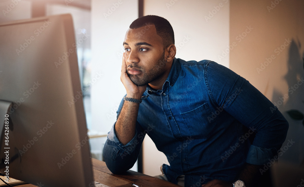 Leinwandbilder businessman, bored and tired with monitor in office, problem solving and solution with decision at n