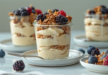 Yogurt Parfait With Granola and Berries on a Marble Surface