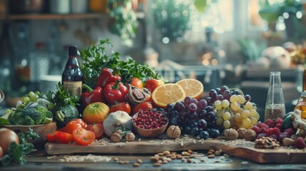 Close-Up of Vibrant Assortment of Healthy Food on Rustic Wooden Table

