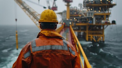 Captain in safety helmet aboard ship near oil platform   realistic back view photo