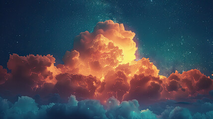Fototapeta premium Glowing clouds and a starry sky, front view, showcasing a magical and serene night scene, digital tone, Triadic Color Scheme