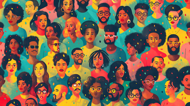  Colorful illustration diverse people multicultural crowd vibrant faces artistic design community representation unity modern art social diversity creativity unique characters