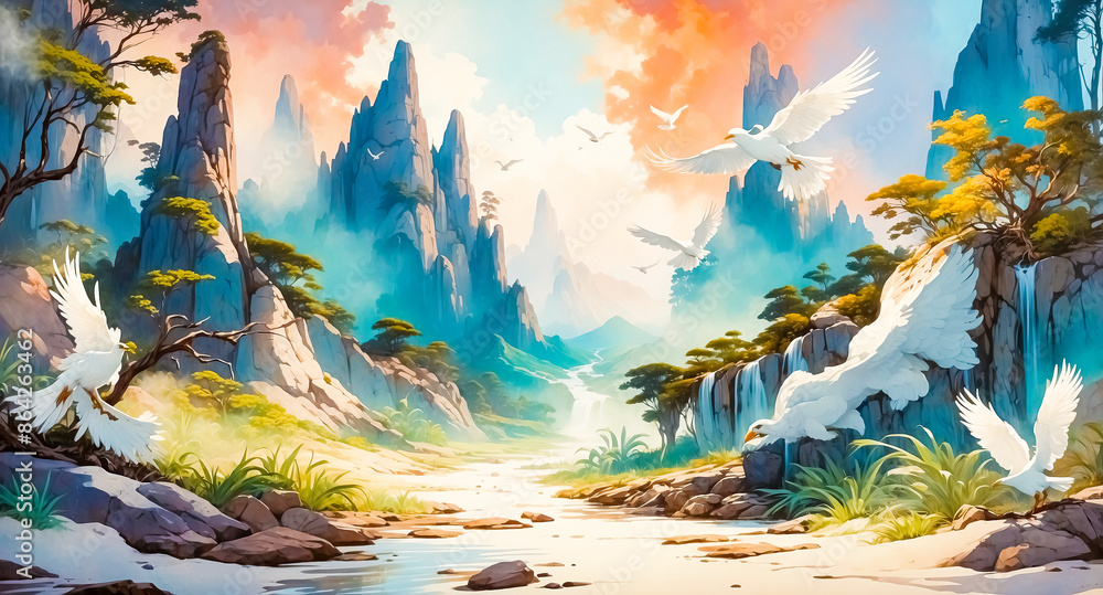 Wall mural Birds in Flight Over Mountainous Landscape