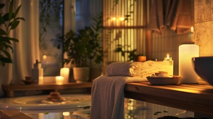 Serene Home Spa Setup with Soft Lighting, Plush Towels, and Calming Decor - Perfect for Relaxation and Comfort