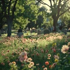 Memorial Day Cemetery Scene with Colorful Flowers and Visitors

