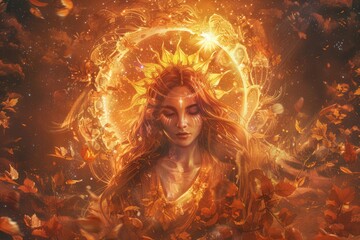 An illustration depicts the Goddess of the Sun, a symbol of Earth goddess mythology and divine cosmic female power. Adorned in autumn harvest hues, she embodies love, peace, and the sacred feminine