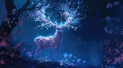 Fototapeta premium Enchanted Deer: Moonlit Blossoms and Antlers