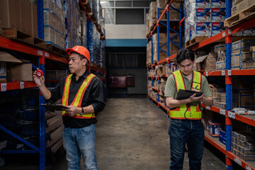 Two men in safety vests are looking at a clipboard. Scene is serious and focused