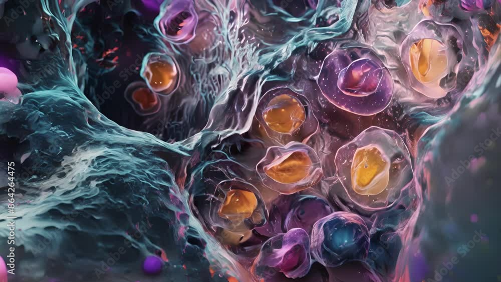 Poster a microscopic animation showing the process of induced pluripotent stem cell ipsc differentiation in