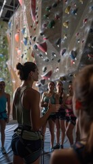 Indoor Rock Climbing Instructor Teaching Techniques to Beginners at a Well-Lit Gym