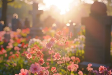 Obraz premium Memorial Day Cemetery Scene with Colorful Flowers and Visitors