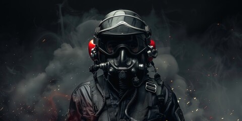 Fototapeta premium A fighter pilot stands adorned in helmet, ready for action against a dark background. With ample copy space, this scene captures the determination and valor of those who safeguard the skies