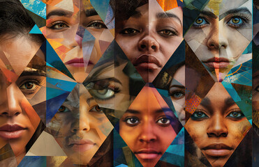 Abstract portrait collage diverse faces geometric design multicultural art human expression modern mosaic vibrant identity inclusivity unity creativity