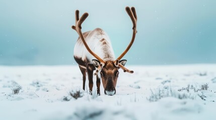 Reindeer grazing in a snowy field